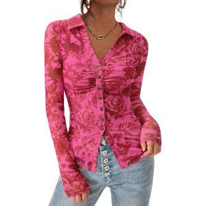 imagePRETTYGARDEN Women Button Down Floral Shirts 2025 Fall Trendy Long Sleeve V Neck Ruched Mesh Boho Blouse Tops Date OutfitsPink Red Floral