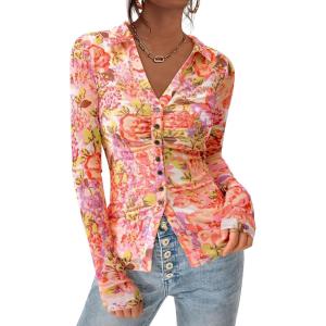 imagePRETTYGARDEN Women Button Down Floral Shirts 2025 Fall Trendy Long Sleeve V Neck Ruched Mesh Boho Blouse Tops Date OutfitsRed Pink