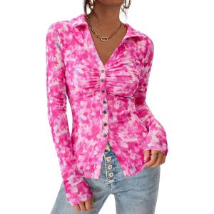 imagePRETTYGARDEN Women Button Down Floral Shirts 2025 Fall Trendy Long Sleeve V Neck Ruched Mesh Boho Blouse Tops Date OutfitsRose Pink