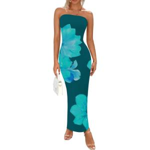 imagePRETTYGARDEN Women Summer Strapless Maxi Dress Bodycon Floral Sexy Long Wedding Guest Dress Formal Tube Mesh Cocktail DressesDark Green Floral