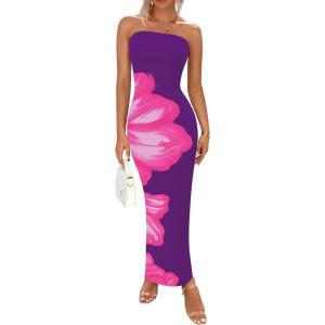 imagePRETTYGARDEN Women Summer Strapless Maxi Dress Bodycon Floral Sexy Long Wedding Guest Dress Formal Tube Mesh Cocktail DressesFloral Purple Pink
