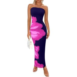 imagePRETTYGARDEN Women Summer Strapless Maxi Dress Bodycon Floral Sexy Long Wedding Guest Dress Formal Tube Mesh Cocktail DressesNavy Rose Red Flower