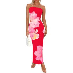 imagePRETTYGARDEN Women Summer Strapless Maxi Dress Bodycon Floral Sexy Long Wedding Guest Dress Formal Tube Mesh Cocktail DressesRed Pink Flower