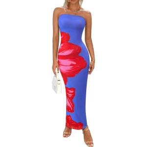 imagePRETTYGARDEN Women Summer Strapless Maxi Dress Bodycon Floral Sexy Long Wedding Guest Dress Formal Tube Mesh Cocktail DressesSky Blue Red Floral