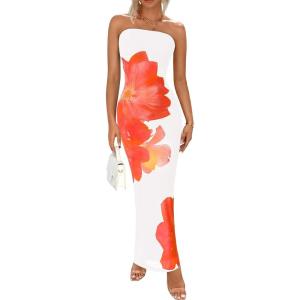 imagePRETTYGARDEN Women Summer Strapless Maxi Dress Bodycon Floral Sexy Long Wedding Guest Dress Formal Tube Mesh Cocktail DressesWhite Orange Floral