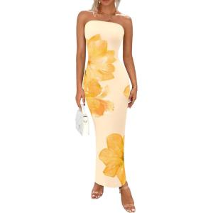 imagePRETTYGARDEN Women Summer Strapless Maxi Dress Bodycon Floral Sexy Long Wedding Guest Dress Formal Tube Mesh Cocktail DressesYellow Flower