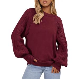 imagePRETTYGARDEN Womens Sweaters Fall Fashion 2025 Crew Neck Cable Knit Casual Loose Chunky Tunic Sweater Winter ClothingBurgundy
