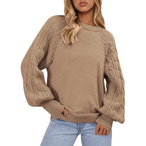 imagePRETTYGARDEN Womens Sweaters Fall Fashion 2025 Crew Neck Cable Knit Casual Loose Chunky Tunic Sweater Winter ClothingKhaki