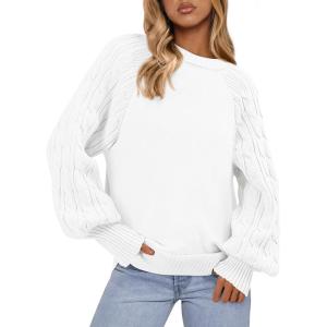 imagePRETTYGARDEN Womens Sweaters Fall Fashion 2025 Crew Neck Cable Knit Casual Loose Chunky Tunic Sweater Winter ClothingWhite