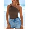 imagePRETTYGARDEN One Shoulder Going Out Tops for Women 2026 Summer Trendy Sleeveless Fitted Ribbed Shirts Spring Y2K ClothesBrown