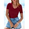 imagePRETTYGARDEN Women 2026 Spring Tops Trendy Ribbed Short Sleeve V Neck Fitted Basic Tee Shirts Casual Going Out Summer OutfitsBurgundy