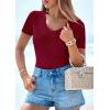 imagePRETTYGARDEN Women 2026 Spring Tops Trendy Ribbed Short Sleeve V Neck Fitted Basic Tee Shirts Casual Going Out Summer OutfitsBurgundy