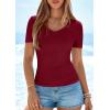 imagePRETTYGARDEN Women 2026 Spring Tops Trendy Ribbed Short Sleeve V Neck Fitted Basic Tee Shirts Casual Going Out Summer OutfitsBurgundy