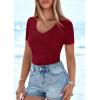 imagePRETTYGARDEN Women 2026 Spring Tops Trendy Ribbed Short Sleeve V Neck Fitted Basic Tee Shirts Casual Going Out Summer OutfitsBurgundy