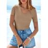 imagePRETTYGARDEN Women 2026 Spring Tops Trendy Ribbed Short Sleeve V Neck Fitted Basic Tee Shirts Casual Going Out Summer OutfitsLight Khaki