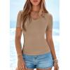 imagePRETTYGARDEN Women 2026 Spring Tops Trendy Ribbed Short Sleeve V Neck Fitted Basic Tee Shirts Casual Going Out Summer OutfitsLight Khaki
