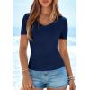 imagePRETTYGARDEN Women 2026 Spring Tops Trendy Ribbed Short Sleeve V Neck Fitted Basic Tee Shirts Casual Going Out Summer OutfitsNavy Blue