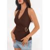 imagePRETTYGARDEN Womens Halter Top 2026 Spring Tie Wrap Sleeveless Ruched V Neck Fitted Summer Tops Backless Fashion Y2k ClothesBrown