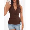 imagePRETTYGARDEN Womens Halter Top 2026 Spring Tie Wrap Sleeveless Ruched V Neck Fitted Summer Tops Backless Fashion Y2k ClothesBrown