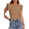 imagePRETTYGARDEN Womens Summer Crew Neck T Shirts 2026 Trendy Ruffle Sleeve Slim Fit Knit Going Out Tops Casual Spring ClothesKhaki
