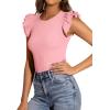 imagePRETTYGARDEN Womens Summer Crew Neck T Shirts 2026 Trendy Ruffle Sleeve Slim Fit Knit Going Out Tops Casual Spring ClothesPink