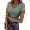 imagePRETTYGARDEN Women 2026 Spring Tops Trendy Ribbed Short Sleeve V Neck Fitted Basic Tee Shirts Casual Going Out Summer OutfitsSage Green