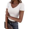 imagePRETTYGARDEN Women 2026 Spring Tops Trendy Ribbed Short Sleeve V Neck Fitted Basic Tee Shirts Casual Going Out Summer OutfitsWhite
