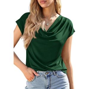 imagePRETTYGARDEN Blouses for Women Dressy Casual 2026 Summer Cowl Neck Short Sleeve Tops Spring Work Office Teacher ShirtsGreen