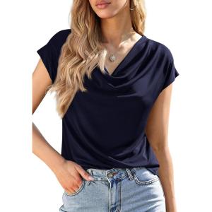 imagePRETTYGARDEN Blouses for Women Dressy Casual 2026 Summer Cowl Neck Short Sleeve Tops Spring Work Office Teacher ShirtsNavy Blue