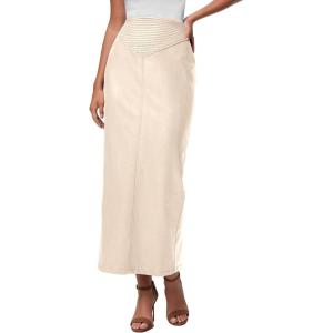 imagePRETTYGARDEN Long Skirts for Women 2025 Fall Fashion Clothing Faux Leather High Waist Dressy Casual Slit Pencil Maxi SkirtBeige