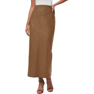 imagePRETTYGARDEN Long Skirts for Women 2025 Fall Fashion Clothing Faux Leather High Waist Dressy Casual Slit Pencil Maxi SkirtCamel