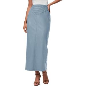 imagePRETTYGARDEN Long Skirts for Women 2025 Fall Fashion Clothing Faux Leather High Waist Dressy Casual Slit Pencil Maxi SkirtDusty Blue