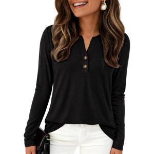 imagePRETTYGARDEN Long Sleeve Shirts for Women 2025 Fall Fashion Clothing Henley Tops Trendy Dressy Casual Blouses Work OutfitsBlack