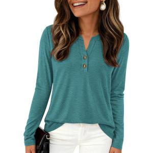 imagePRETTYGARDEN Long Sleeve Shirts for Women 2025 Fall Fashion Clothing Henley Tops Trendy Dressy Casual Blouses Work OutfitsBlue Green
