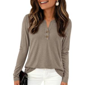 imagePRETTYGARDEN Long Sleeve Shirts for Women 2025 Fall Fashion Clothing Henley Tops Trendy Dressy Casual Blouses Work OutfitsKhaki