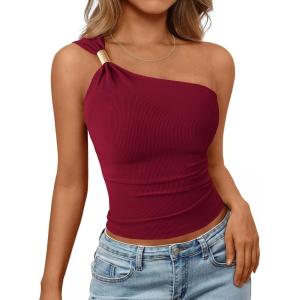 imagePRETTYGARDEN One Shoulder Going Out Tops for Women 2026 Summer Trendy Sleeveless Fitted Ribbed Shirts Spring Y2K ClothesBurgundy