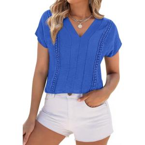 imagePRETTYGARDEN Spring Tops for Women 2026 Summer Fashion Clothes Dressy Casual Blouses Cap Sleeve V Neck Shirts Work OutfitsBlue