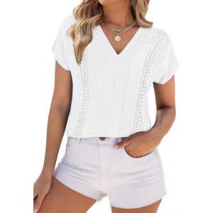 imagePRETTYGARDEN Spring Tops for Women 2026 Summer Fashion Clothes Dressy Casual Blouses Cap Sleeve V Neck Shirts Work OutfitsWhite