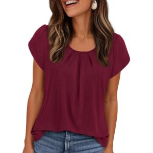 imagePRETTYGARDEN Summer Tops for Women 2026 Short Sleeve Crew Neck Pleated T Shirts Dressy Casual Blouses Spring Fashion ClothesBurgundy