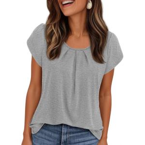imagePRETTYGARDEN Summer Tops for Women 2026 Short Sleeve Crew Neck Pleated T Shirts Dressy Casual Blouses Spring Fashion ClothesGrey