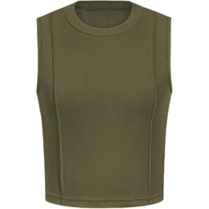 imagePRETTYGARDEN Tank Top for Women 2026 Summer Casual Sleeveless Ribbed Slim Fitted Basic Tee Shirts Spring Fashion Y2k ClothesArmy Green