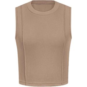 imagePRETTYGARDEN Tank Top for Women 2026 Summer Casual Sleeveless Ribbed Slim Fitted Basic Tee Shirts Spring Fashion Y2k ClothesKhaki