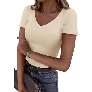 imagePRETTYGARDEN Women 2026 Spring Tops Trendy Ribbed Short Sleeve V Neck Fitted Basic Tee Shirts Casual Going Out Summer OutfitsBeige