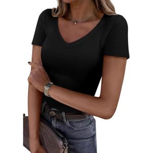 imagePRETTYGARDEN Women 2026 Spring Tops Trendy Ribbed Short Sleeve V Neck Fitted Basic Tee Shirts Casual Going Out Summer OutfitsBlack