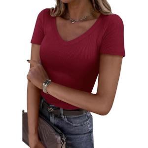 imagePRETTYGARDEN Women 2026 Spring Tops Trendy Ribbed Short Sleeve V Neck Fitted Basic Tee Shirts Casual Going Out Summer OutfitsBurgundy