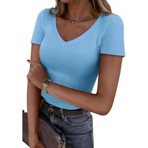imagePRETTYGARDEN Women 2026 Spring Tops Trendy Ribbed Short Sleeve V Neck Fitted Basic Tee Shirts Casual Going Out Summer OutfitsLight Blue