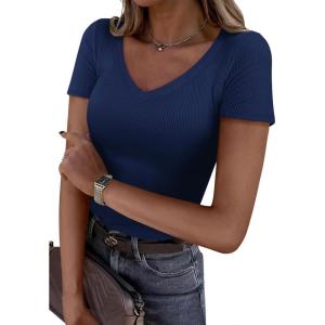 imagePRETTYGARDEN Women 2026 Spring Tops Trendy Ribbed Short Sleeve V Neck Fitted Basic Tee Shirts Casual Going Out Summer OutfitsNavy Blue