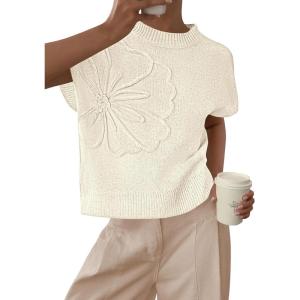 imagePRETTYGARDEN Womens 2026 Spring Sweater Vest Trendy Flower Knit Short Sleeve Cute Pullover Tank Tops Summer Fashion ClothingBeige