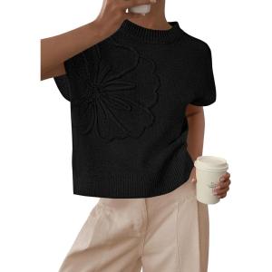 imagePRETTYGARDEN Womens 2026 Spring Sweater Vest Trendy Flower Knit Short Sleeve Cute Pullover Tank Tops Summer Fashion ClothingBlack