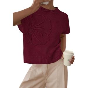 imagePRETTYGARDEN Womens 2026 Spring Sweater Vest Trendy Flower Knit Short Sleeve Cute Pullover Tank Tops Summer Fashion ClothingBurgundy